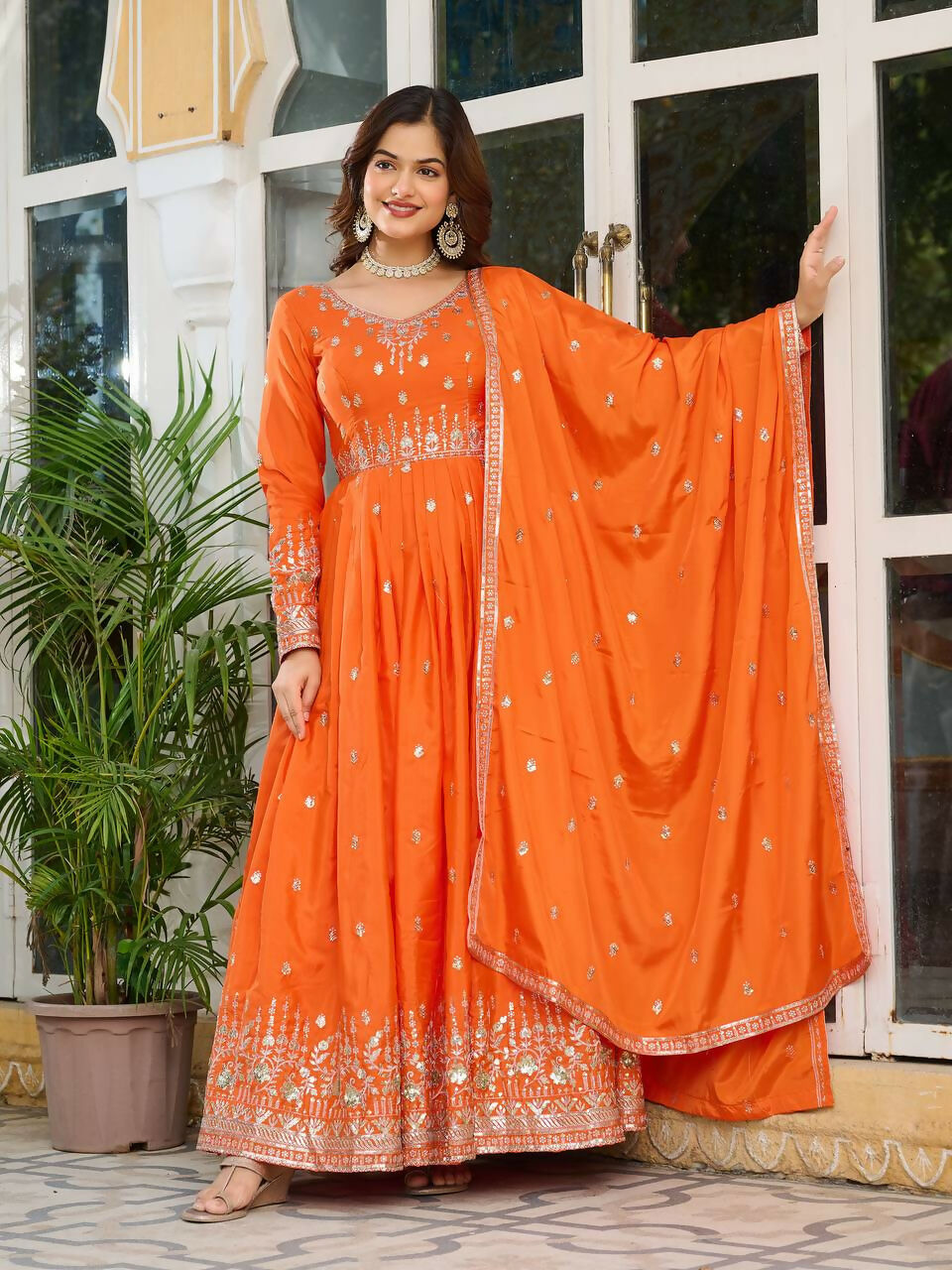 The52 Women's Beautiful American Silk Fabric Embroidery Work Flared Anarkali Pant and Dupatta Set | Grocsy