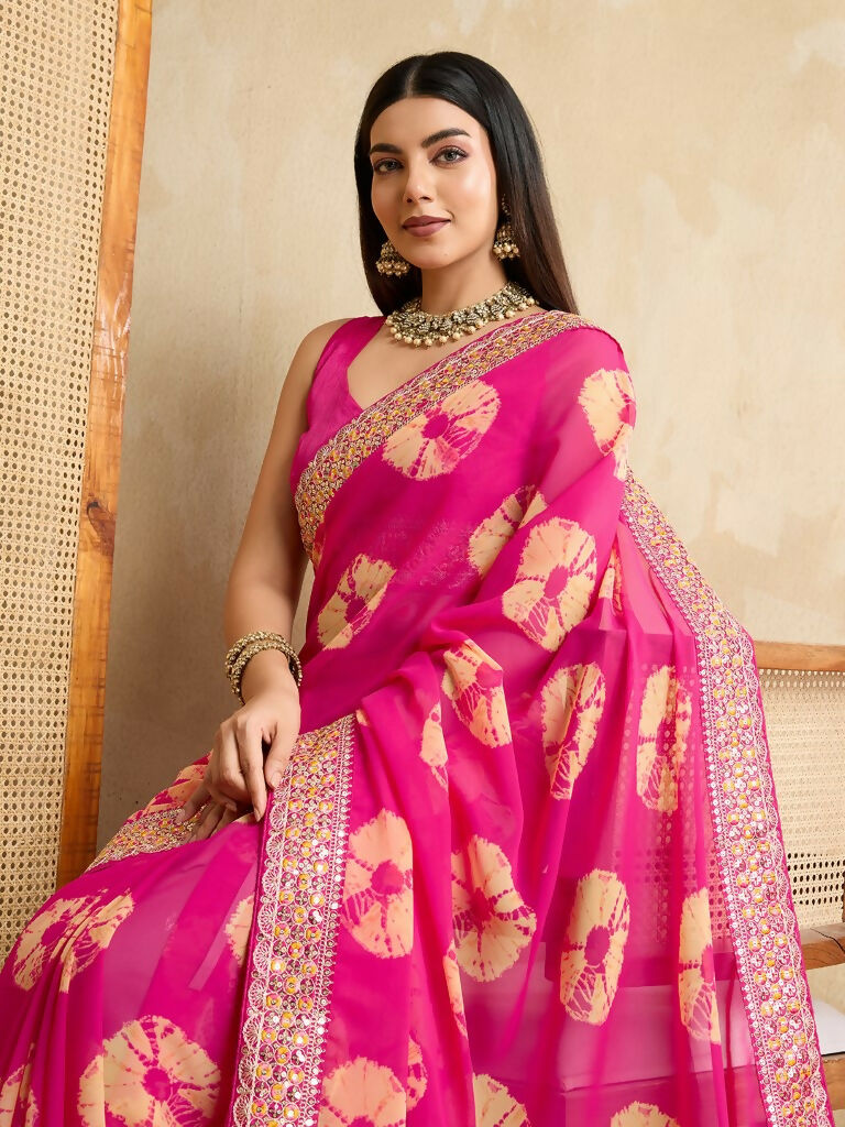 Pink Georgette Printed Designer, Embroidery Work Lace Border Saree - Aarvi | Grocsy