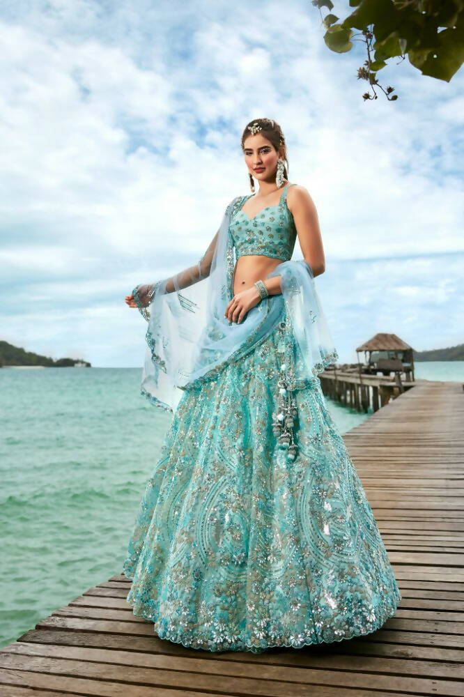 House of Panchhi Turquoise Blue Net Sequins And Zarkan Embroidery Lehenga Choli & Dupatta | Grocsy