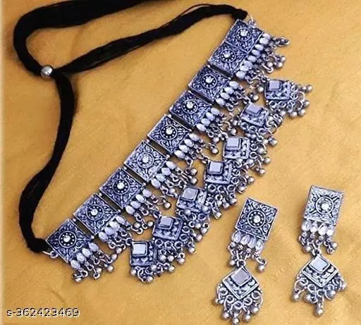Tehzeeb Creations Women's Silver Colour Oxidised Necklace Set With Mirror Work | Grocsy