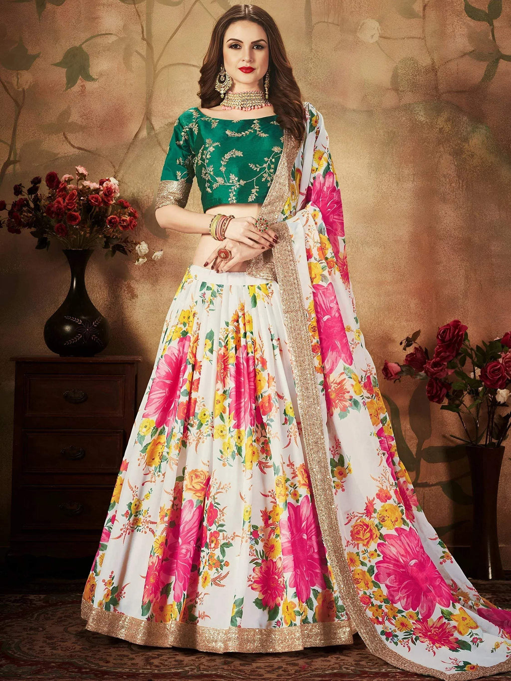 Tulsi Art Cream Floral Digital Printed Organza Bridal Lehenga Choli | Grocsy