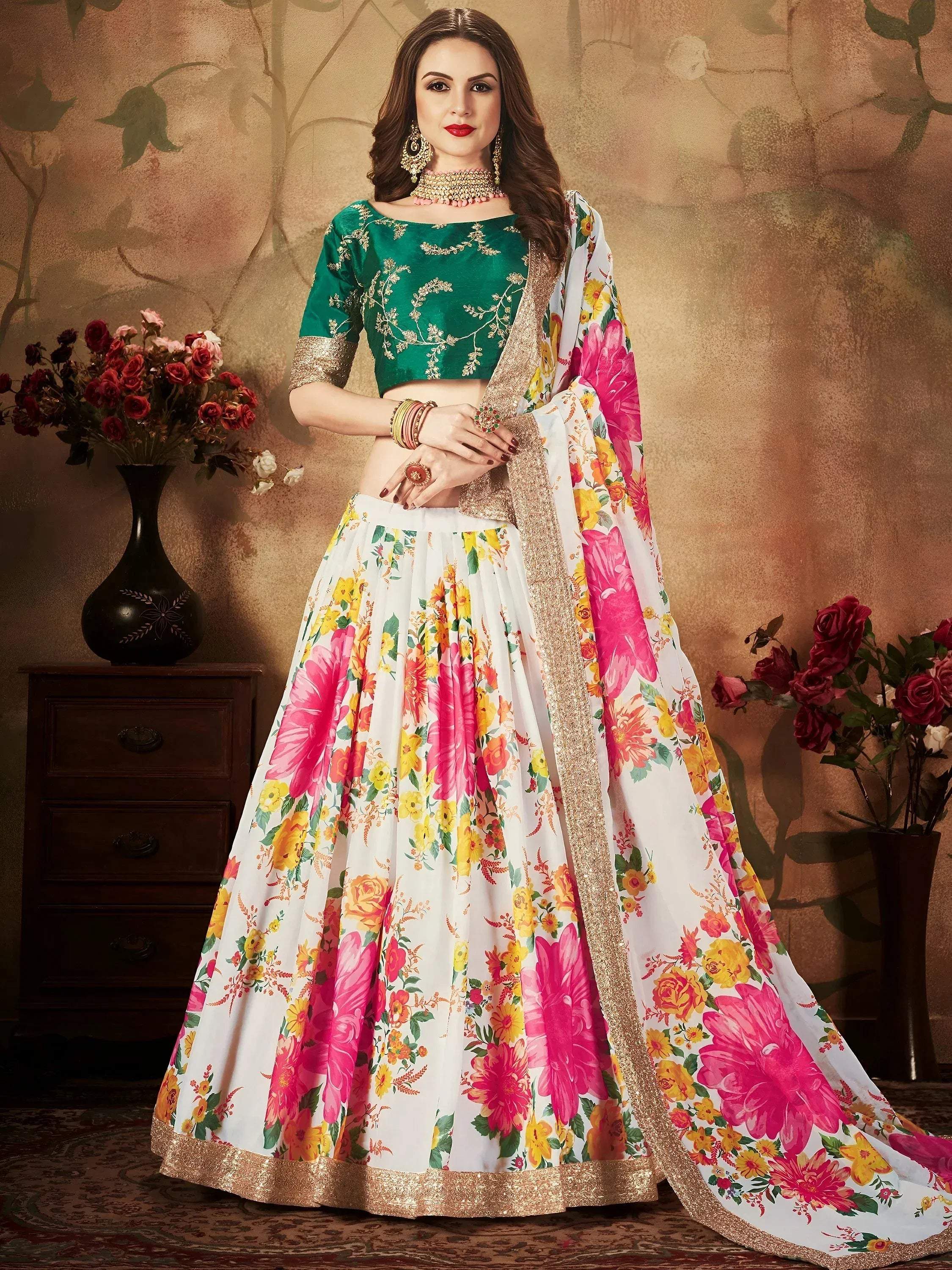 Tulsi Art Cream Floral Digital Printed Organza Bridal Lehenga Choli | Grocsy