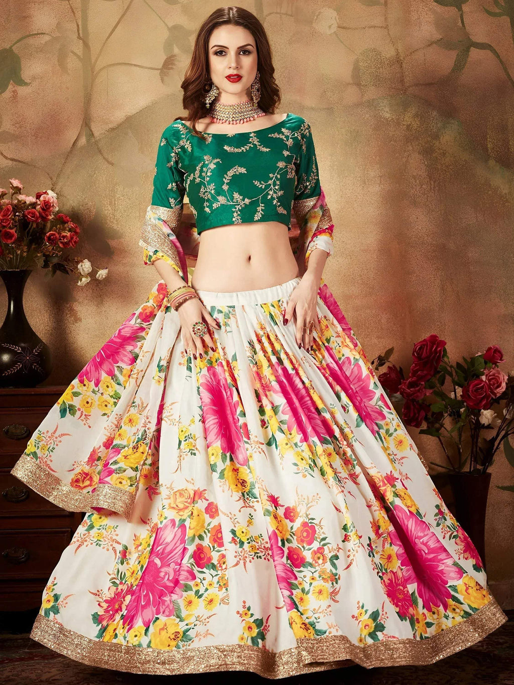Tulsi Art Cream Floral Digital Printed Organza Bridal Lehenga Choli | Grocsy