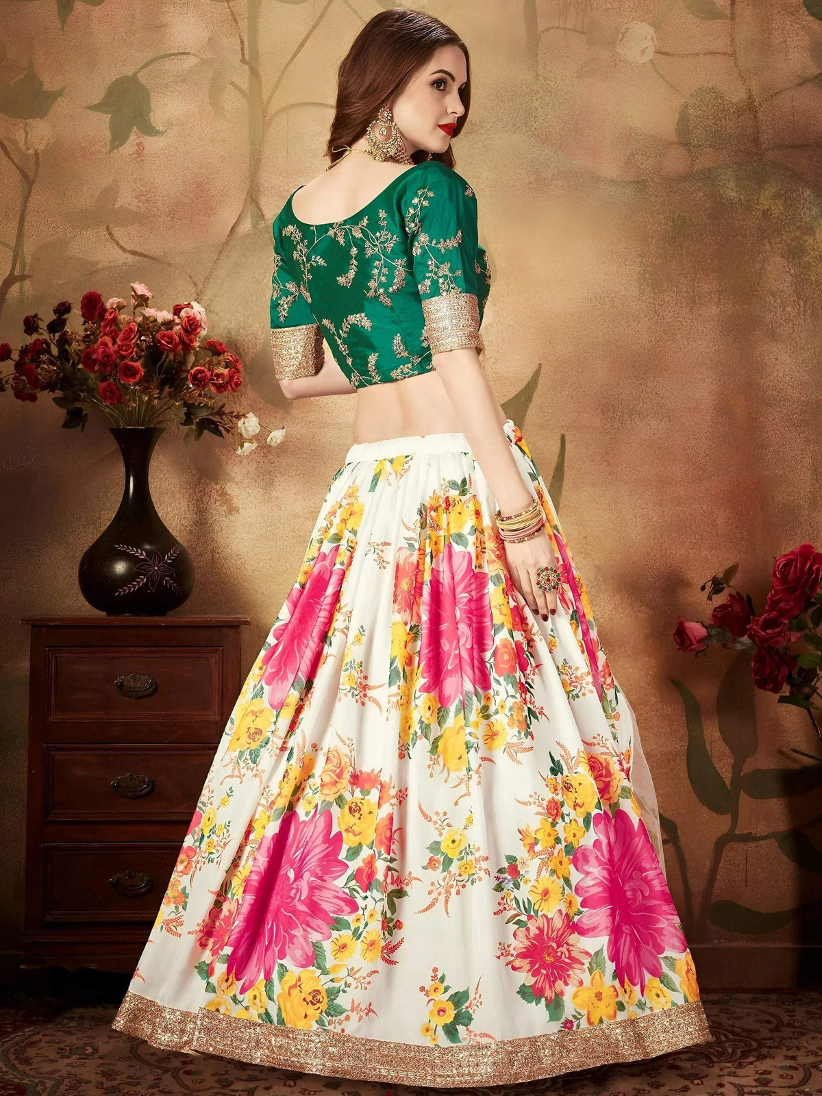 Tulsi Art Cream Floral Digital Printed Organza Bridal Lehenga Choli | Grocsy