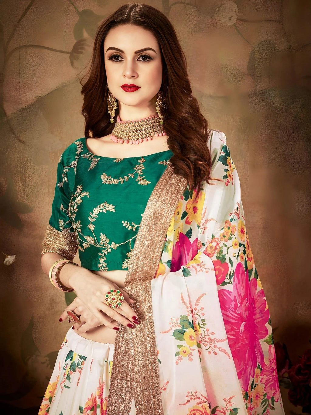Tulsi Art Cream Floral Digital Printed Organza Bridal Lehenga Choli | Grocsy