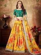 Tulsi Art Yellow-Green Floral Digital Printed Organza Bridal Lehenga Choli | Grocsy