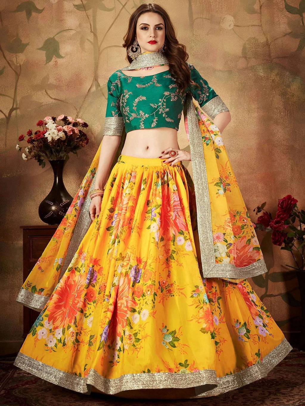 Tulsi Art Yellow-Green Floral Digital Printed Organza Bridal Lehenga Choli | Grocsy