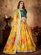 Tulsi Art Yellow-Green Floral Digital Printed Organza Bridal Lehenga Choli | Grocsy