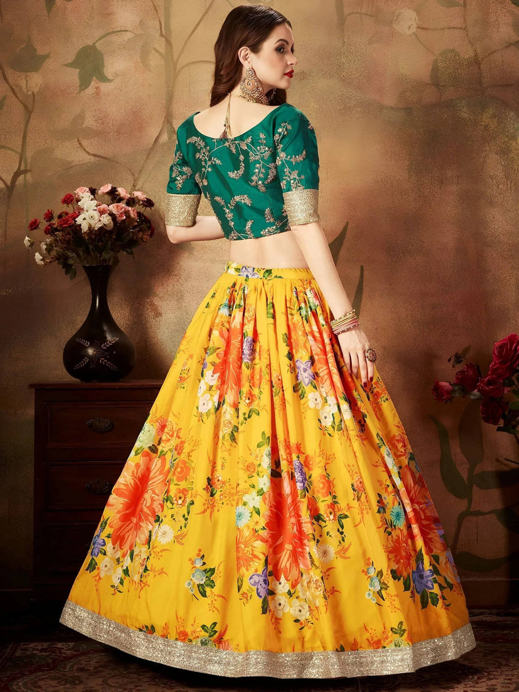 Tulsi Art Yellow-Green Floral Digital Printed Organza Bridal Lehenga Choli | Grocsy