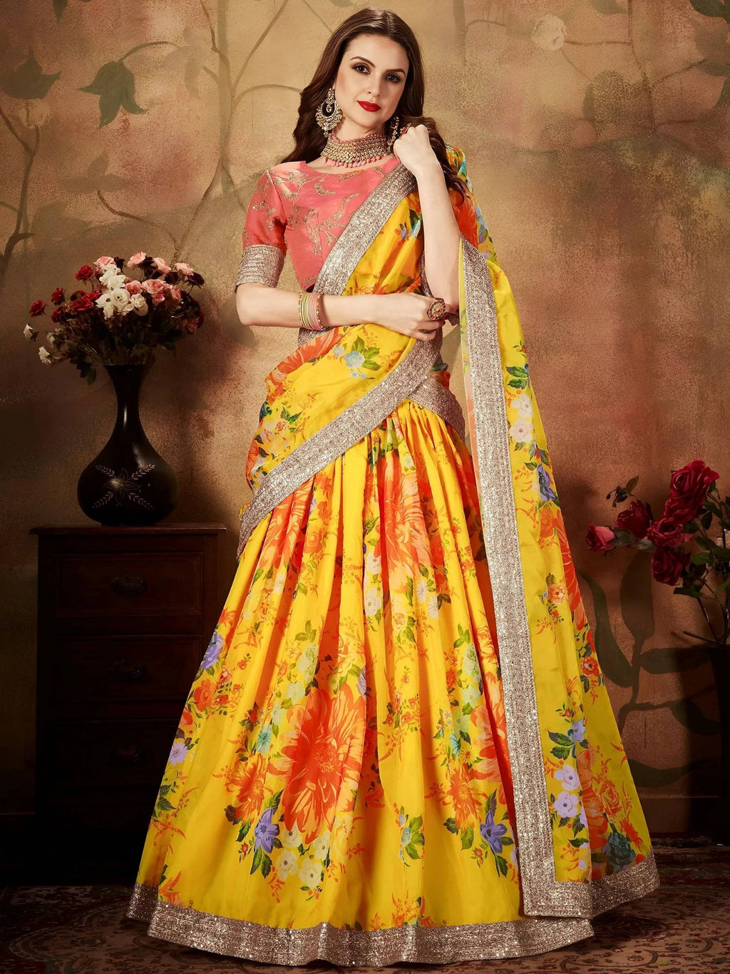 Tulsi Art Yellow-Peach Floral Digital Printed Organza Bridal Lehenga Choli | Grocsy