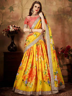 Tulsi Art Yellow-Peach Floral Digital Printed Organza Bridal Lehenga Choli | Grocsy