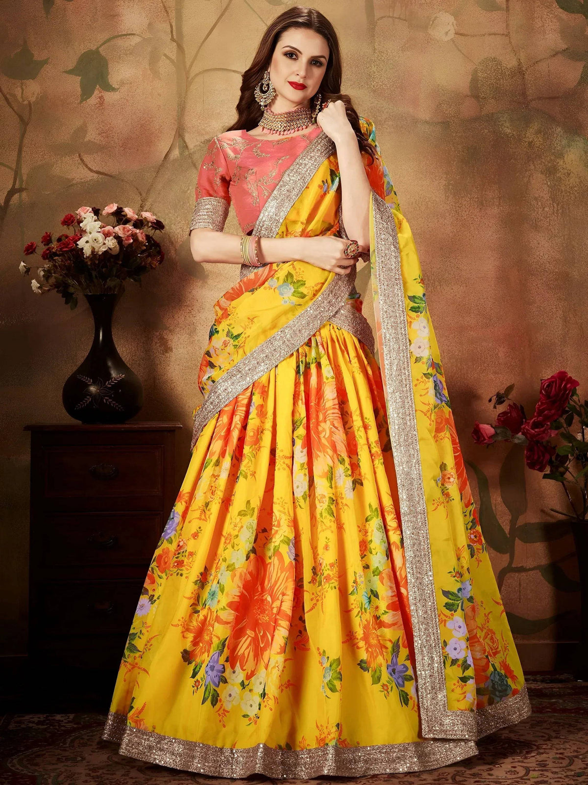 Tulsi Art Yellow-Peach Floral Digital Printed Organza Bridal Lehenga Choli | Grocsy