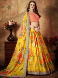 Tulsi Art Yellow-Peach Floral Digital Printed Organza Bridal Lehenga Choli | Grocsy