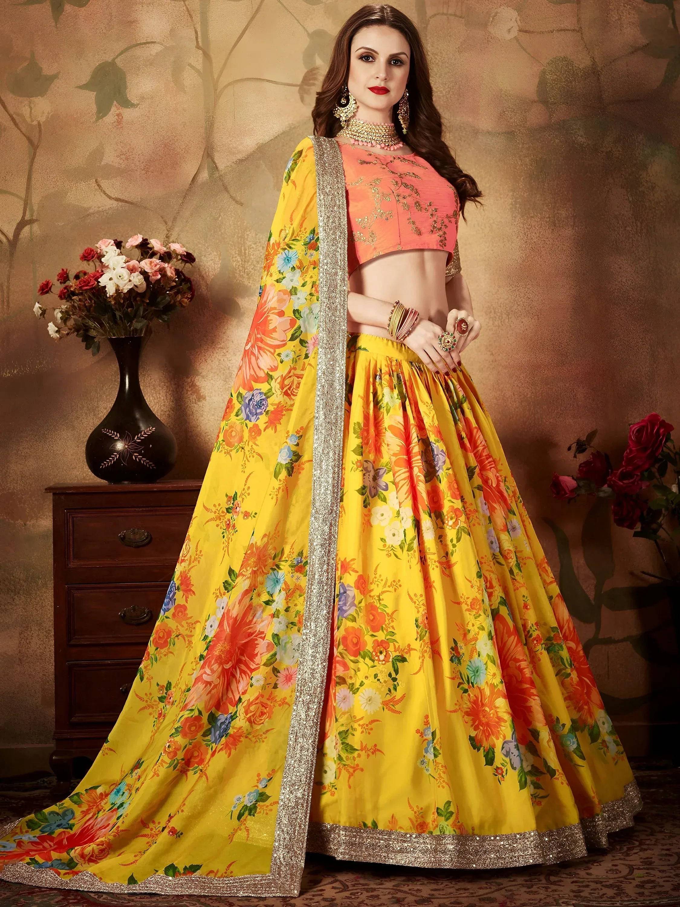 Tulsi Art Yellow-Peach Floral Digital Printed Organza Bridal Lehenga Choli | Grocsy