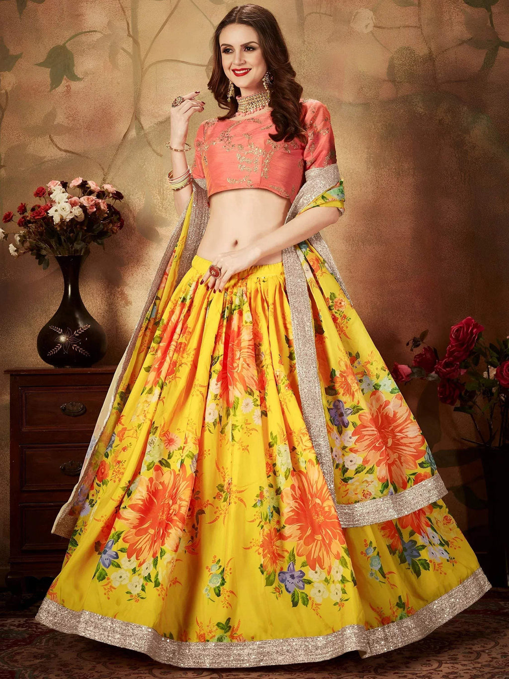 Tulsi Art Yellow-Peach Floral Digital Printed Organza Bridal Lehenga Choli | Grocsy