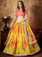 Tulsi Art Yellow-Peach Floral Digital Printed Organza Bridal Lehenga Choli | Grocsy