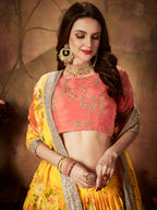 Tulsi Art Yellow-Peach Floral Digital Printed Organza Bridal Lehenga Choli | Grocsy