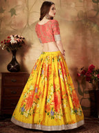 Tulsi Art Yellow-Peach Floral Digital Printed Organza Bridal Lehenga Choli | Grocsy