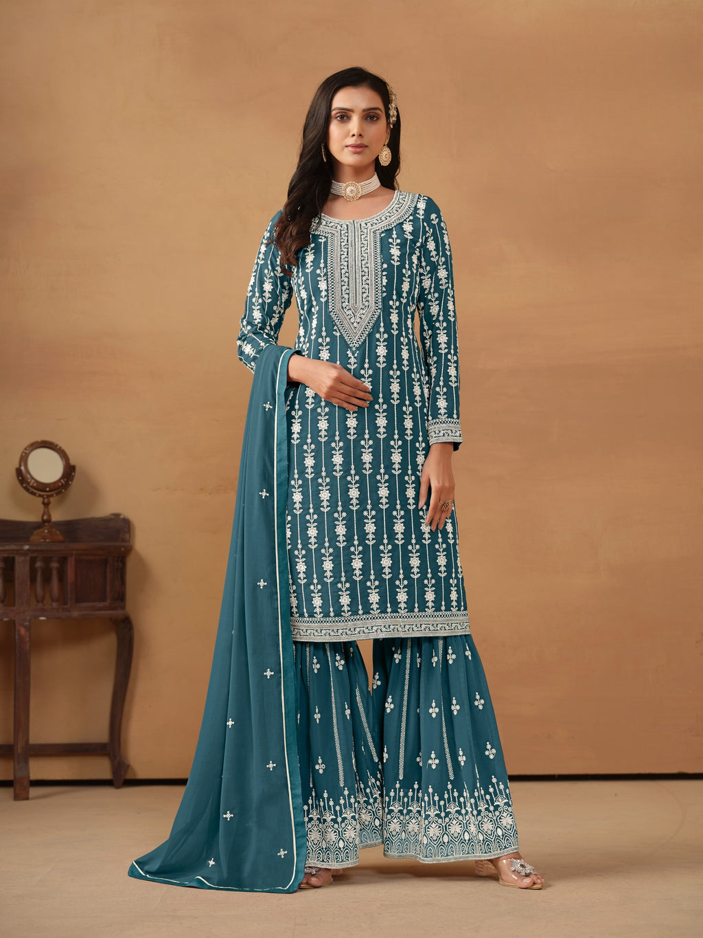 Anaita Teal Embroidered Faux Georgette Salwar Suit | Grocsy