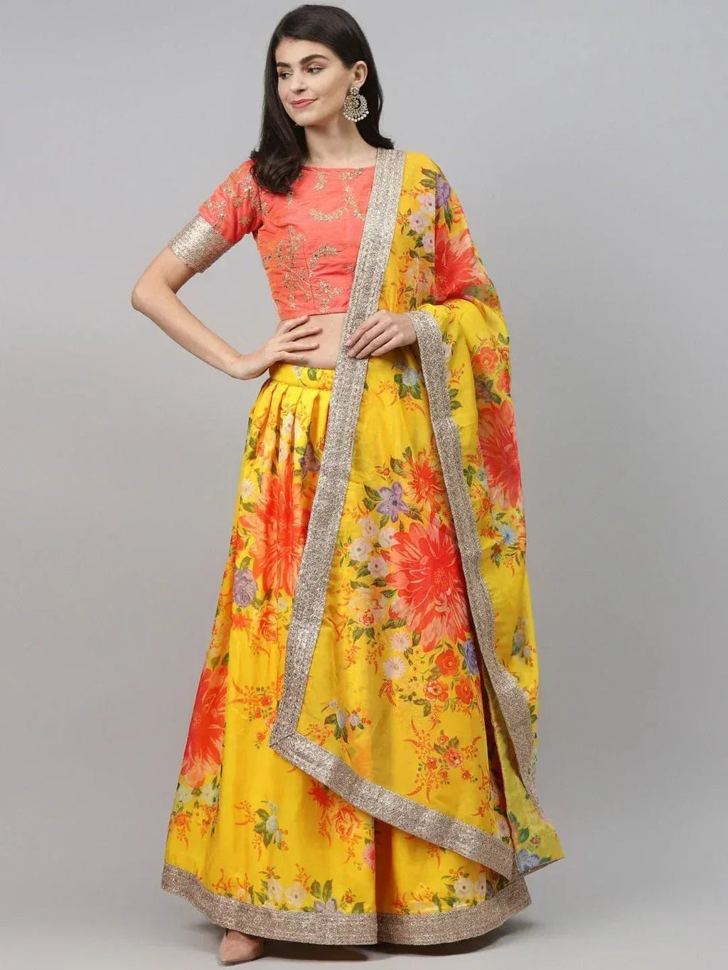 Tulsi Art Yellow & Orange Embroidered Semi-Stitched Myntra Lehenga & Unstitched Blouse With Dupatta | Grocsy
