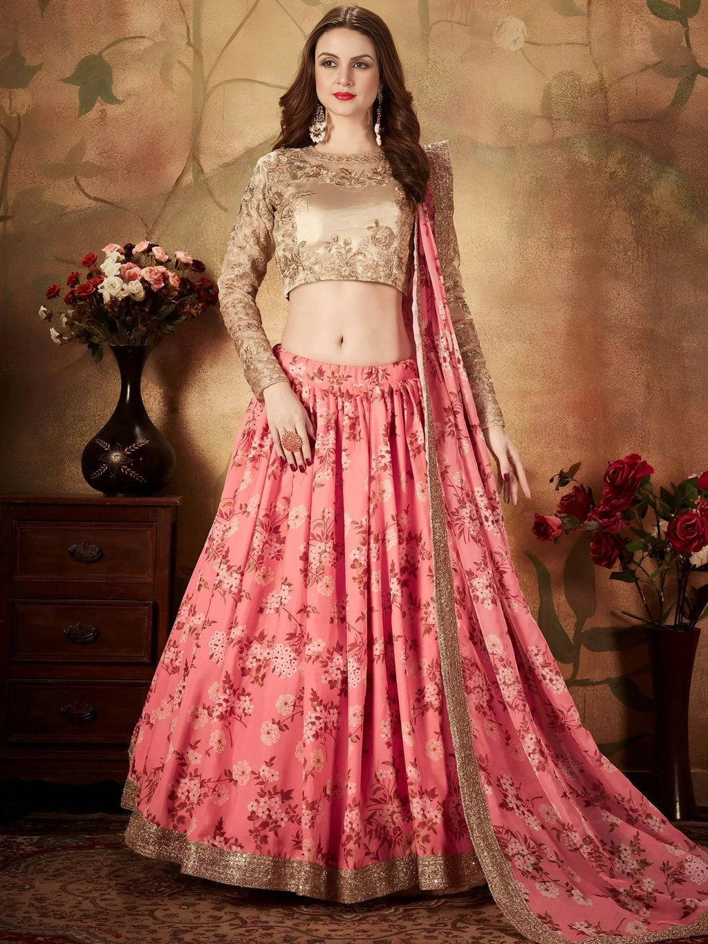 Tulsi Art Pink Floral Digital Printed Organza Wedding Wear Lehenga Choli | Grocsy