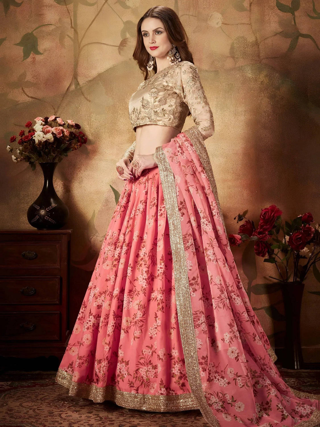 Tulsi Art Pink Floral Digital Printed Organza Wedding Wear Lehenga Choli | Grocsy