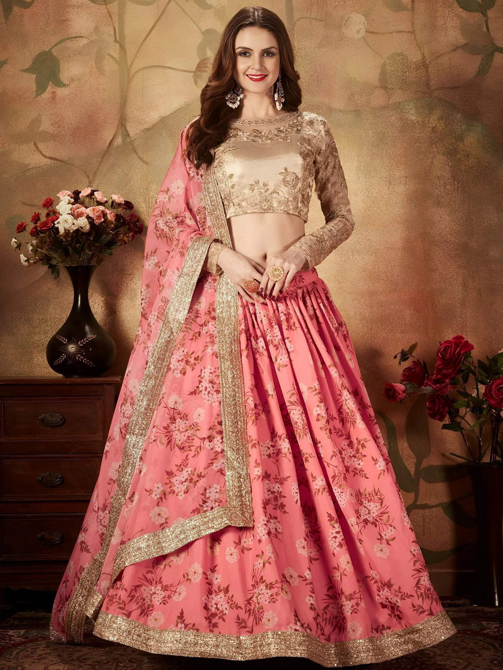 Tulsi Art Pink Floral Digital Printed Organza Wedding Wear Lehenga Choli | Grocsy