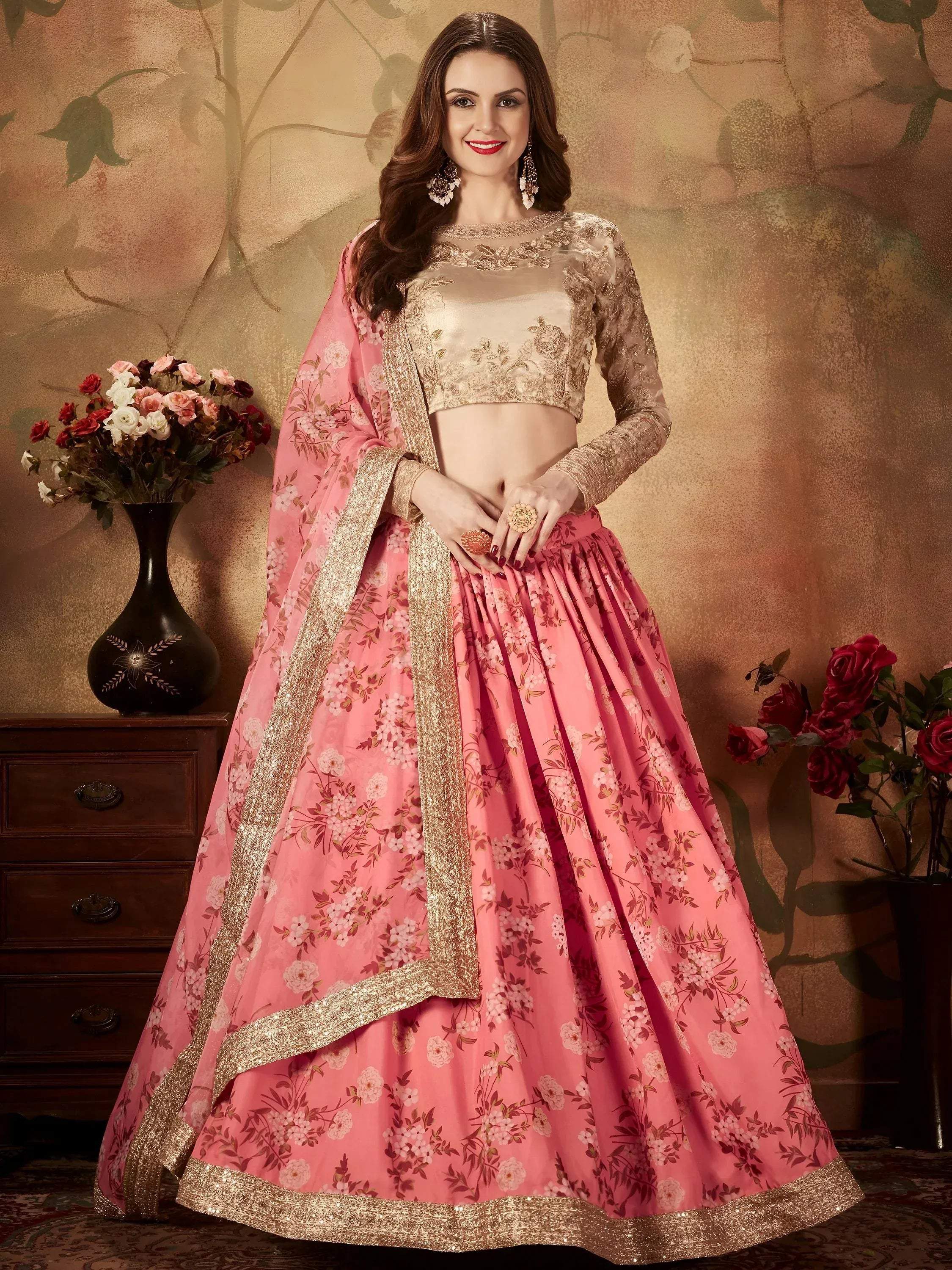 Tulsi Art Pink Floral Digital Printed Organza Wedding Wear Lehenga Choli | Grocsy