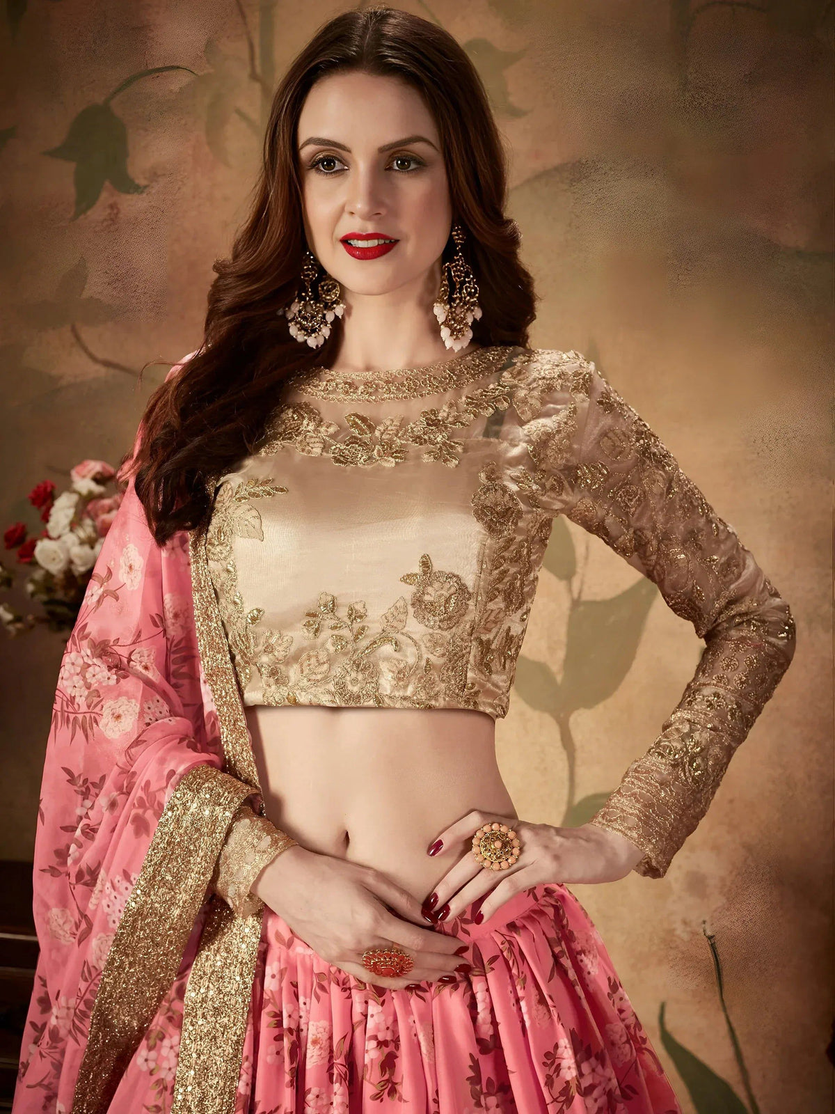 Tulsi Art Pink Floral Digital Printed Organza Wedding Wear Lehenga Choli | Grocsy