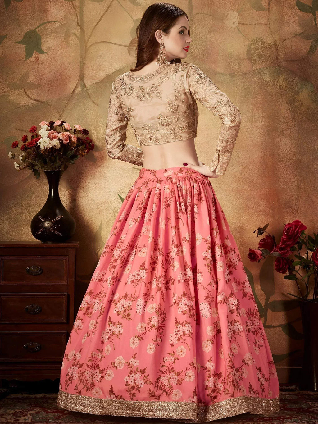 Tulsi Art Pink Floral Digital Printed Organza Wedding Wear Lehenga Choli | Grocsy
