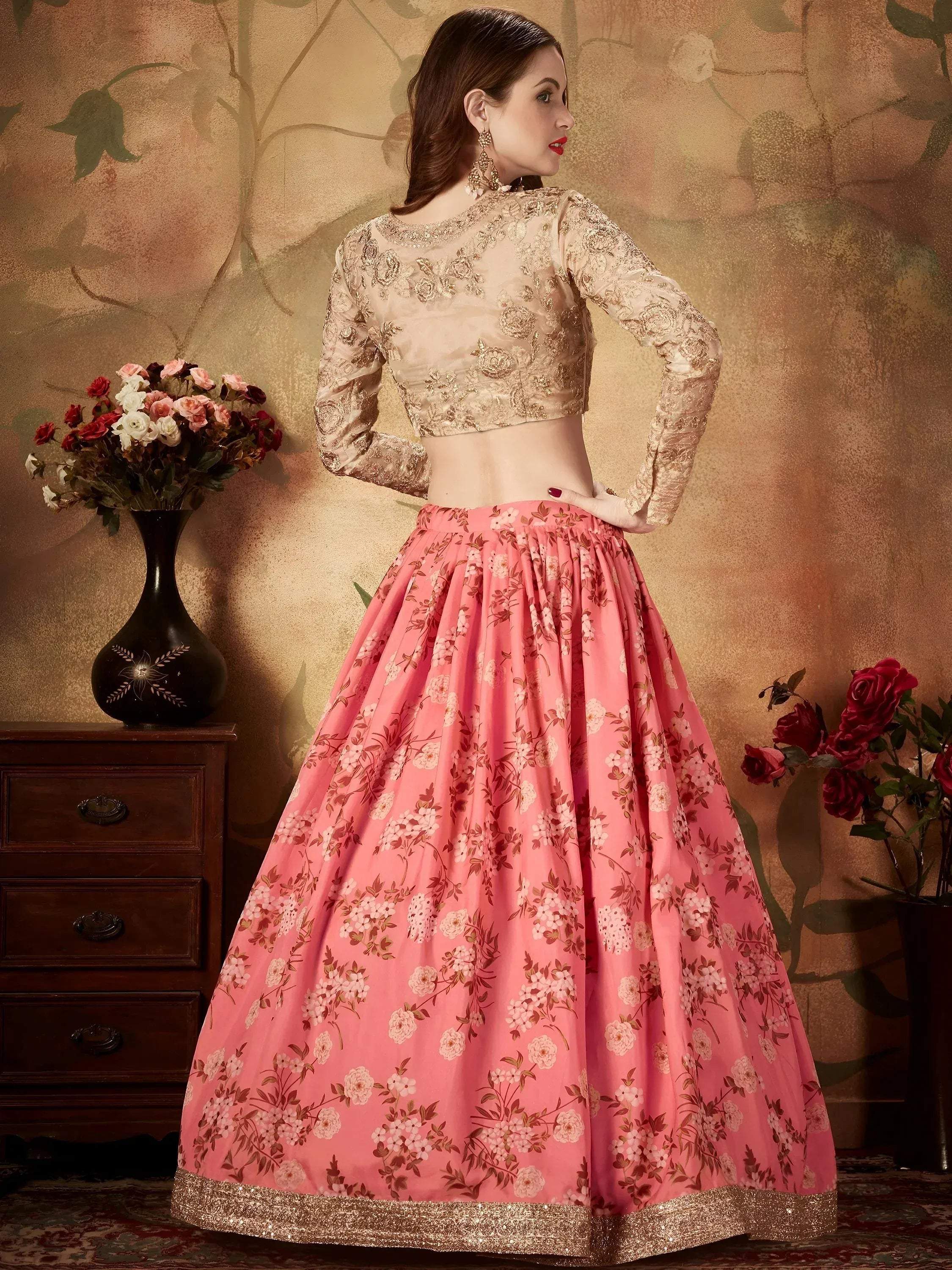 Tulsi Art Pink Floral Digital Printed Organza Wedding Wear Lehenga Choli | Grocsy