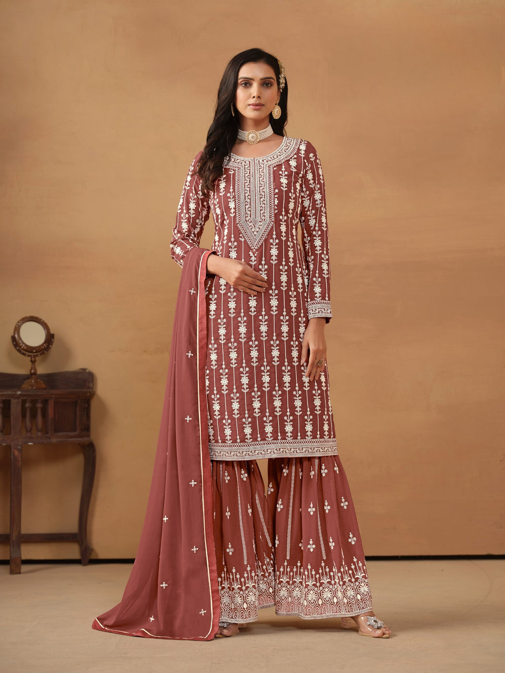 Anaita Brown Embroidered Faux Georgette Salwar Suit | Grocsy