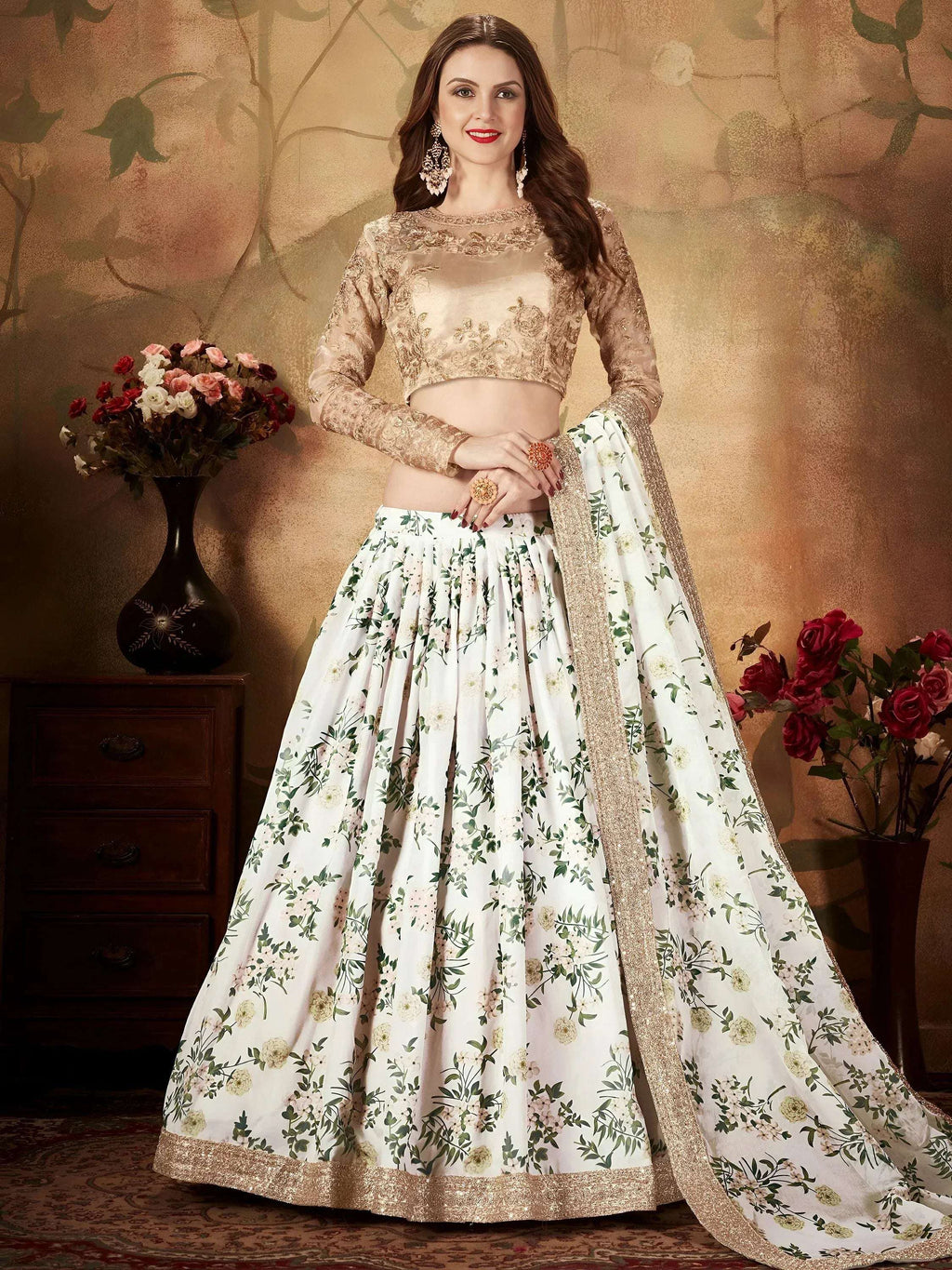 Tulsi Art White Floral Digital Printed Organza Wedding Wear Lehenga Choli | Grocsy