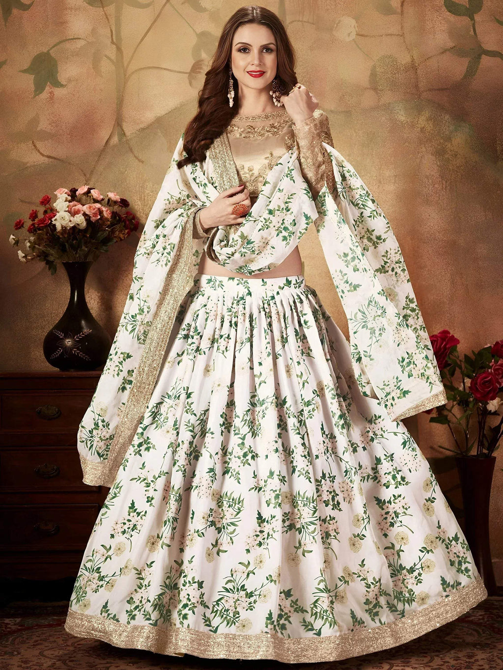 Tulsi Art White Floral Digital Printed Organza Wedding Wear Lehenga Choli | Grocsy