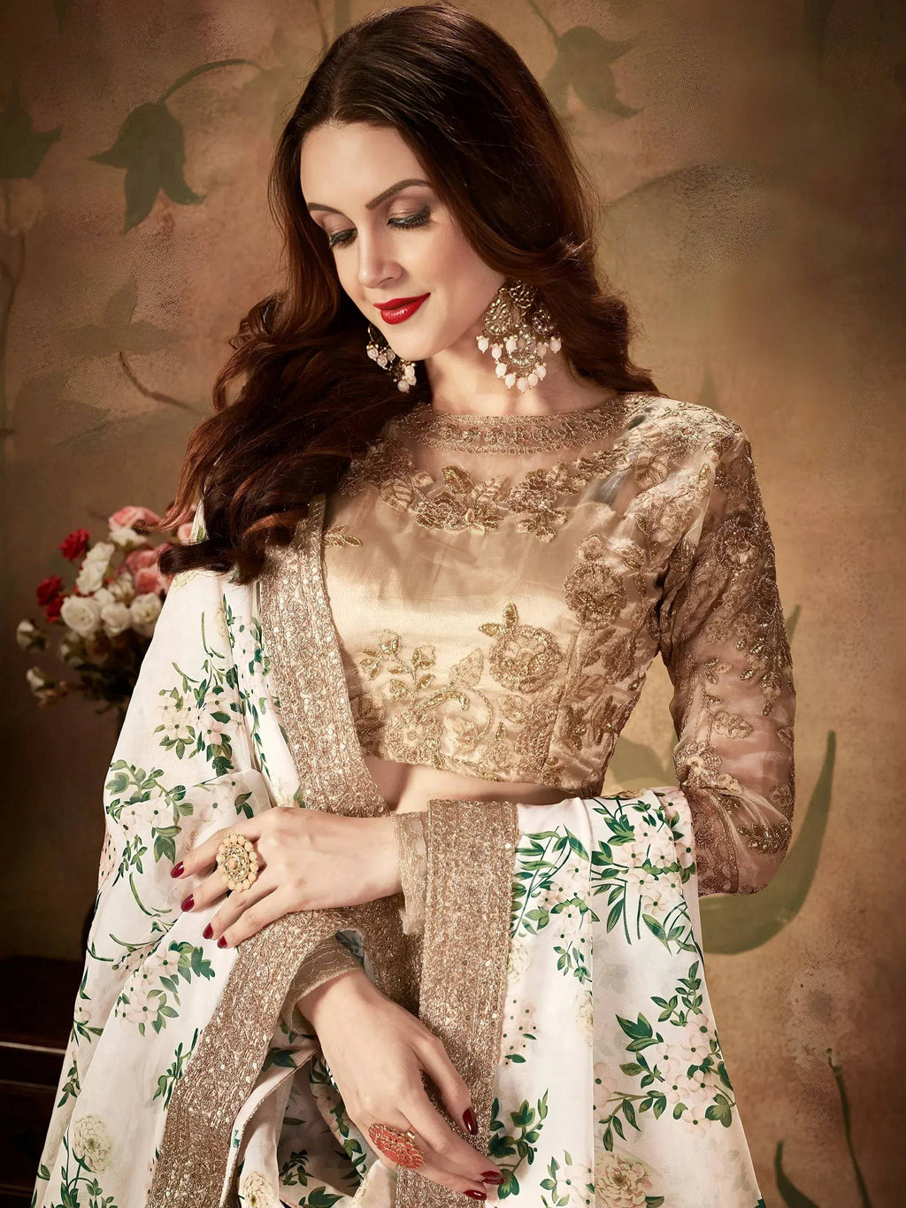 Tulsi Art White Floral Digital Printed Organza Wedding Wear Lehenga Choli | Grocsy