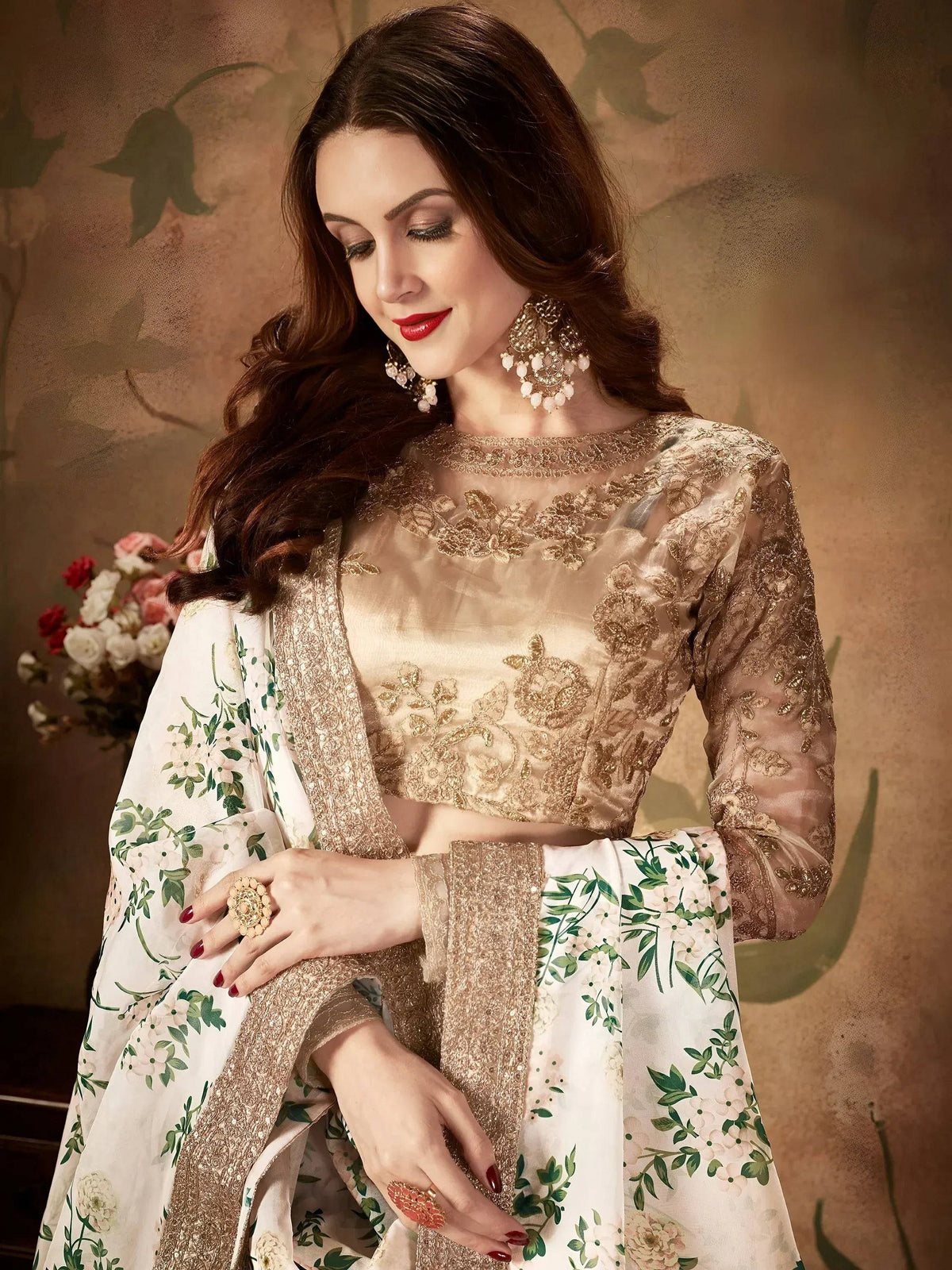 Tulsi Art White Floral Digital Printed Organza Wedding Wear Lehenga Choli | Grocsy