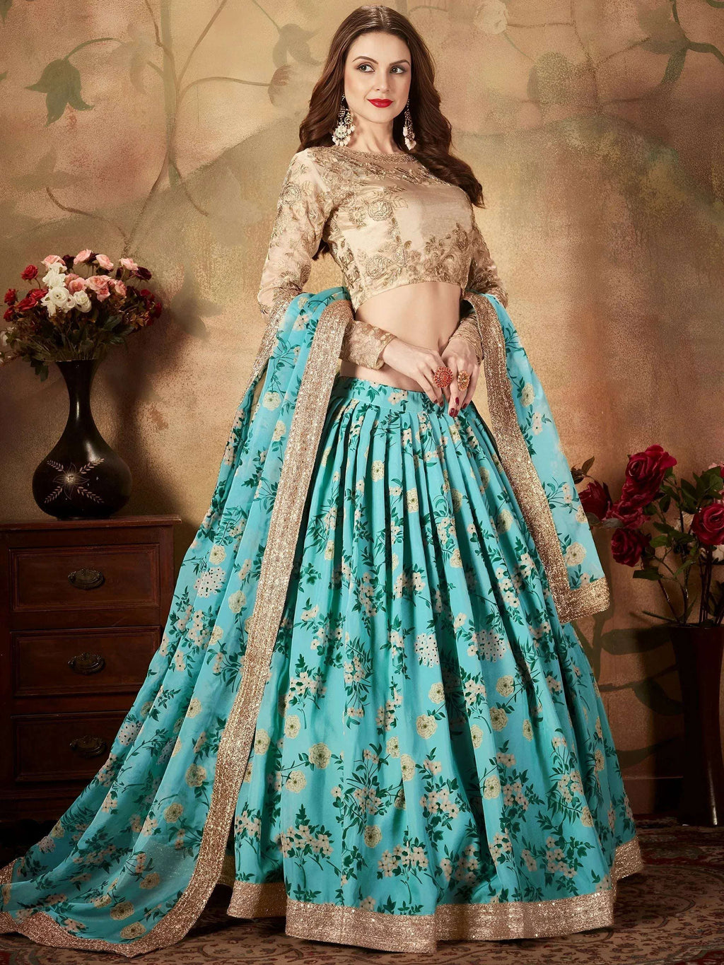 Tulsi Art Sky Blue Floral Digital Printed Organza Wedding Wear Lehenga Choli | Grocsy