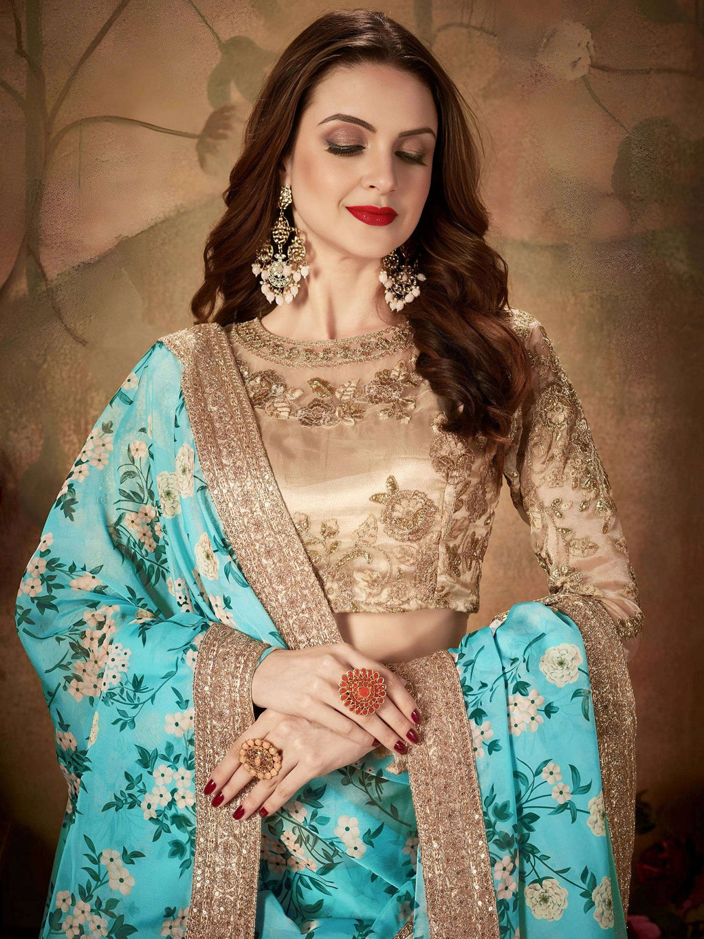 Tulsi Art Sky Blue Floral Digital Printed Organza Wedding Wear Lehenga Choli | Grocsy