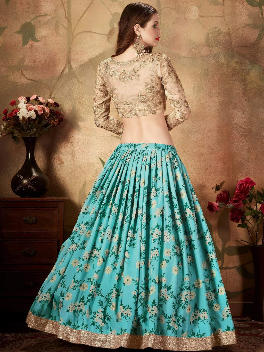 Tulsi Art Sky Blue Floral Digital Printed Organza Wedding Wear Lehenga Choli | Grocsy