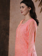 ADA Women Peach-Coloured Chikankari Hand Embroidered Straight Kota Handloom Kurta With Matching Slip | Grocsy