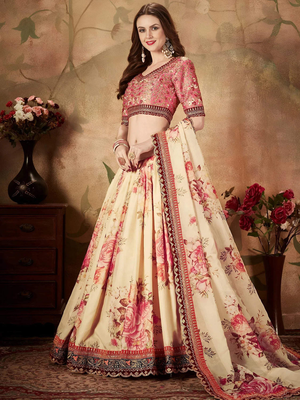 Tulsi Art Off White Floral Digital Printed Organza Bridal Lehenga Choli | Grocsy