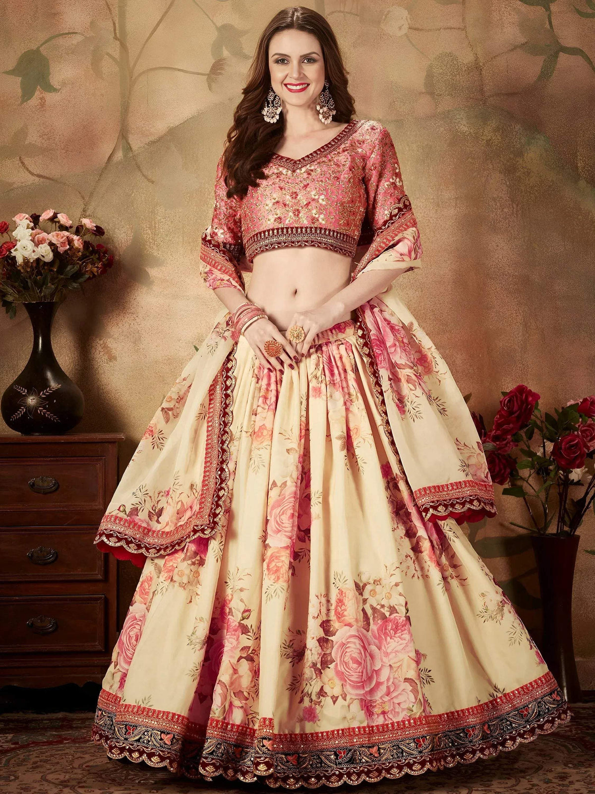 Tulsi Art Off White Floral Digital Printed Organza Bridal Lehenga Choli | Grocsy
