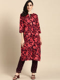 All About You Women Purple & Red Floral Printed Regular Kurta with Trousers | Grocsy
