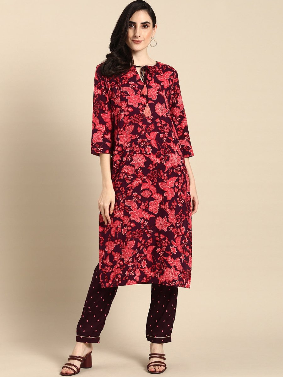 All About You Women Purple & Red Floral Printed Regular Kurta with Trousers | Grocsy