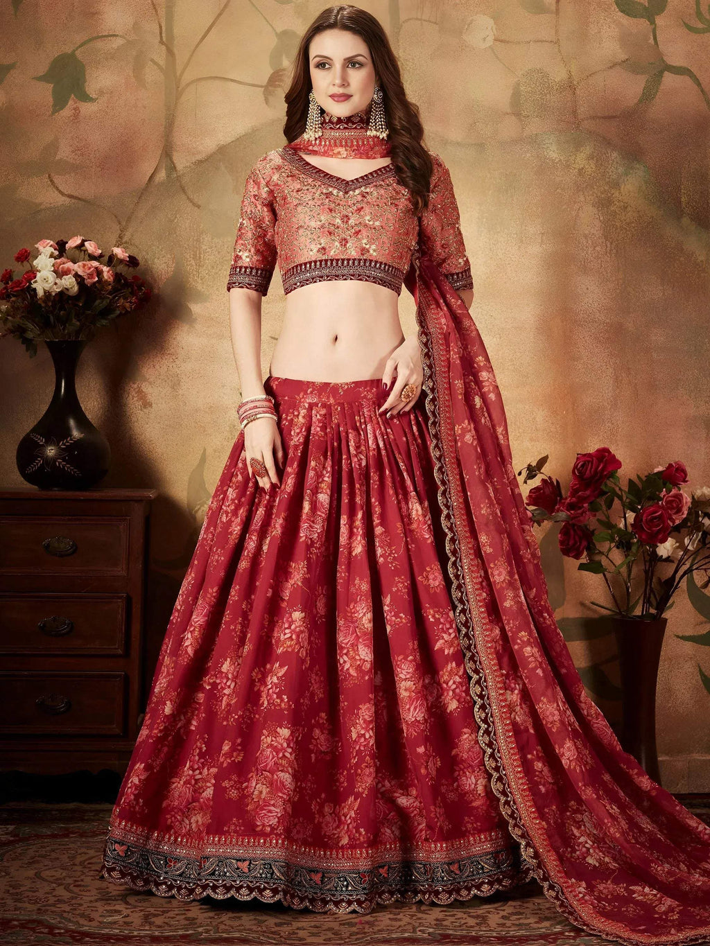 Tulsi Art Maroon Floral Digital Printed Organza Bridal Lehenga Choli | Grocsy