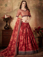 Tulsi Art Maroon Floral Digital Printed Organza Bridal Lehenga Choli | Grocsy
