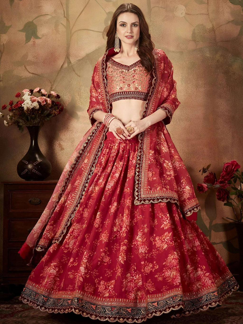 Tulsi Art Maroon Floral Digital Printed Organza Bridal Lehenga Choli | Grocsy
