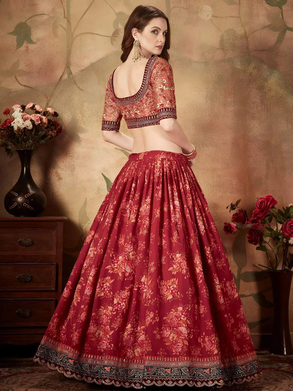 Tulsi Art Maroon Floral Digital Printed Organza Bridal Lehenga Choli | Grocsy
