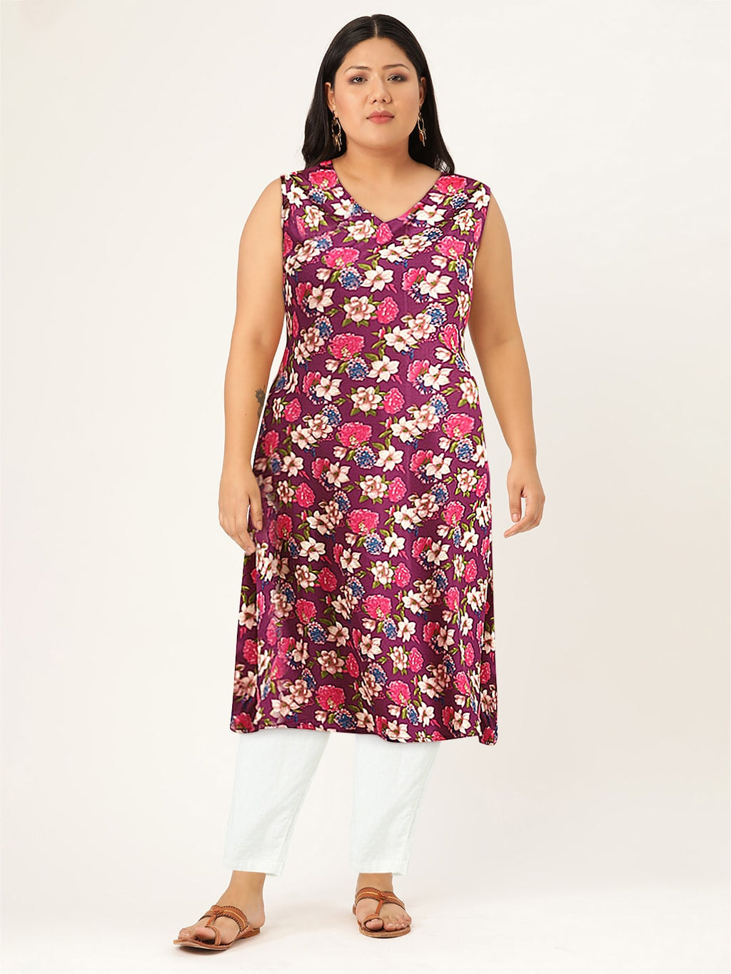 Sangria Women Floral Printed A-Line Sleeveless Kurta | Grocsy