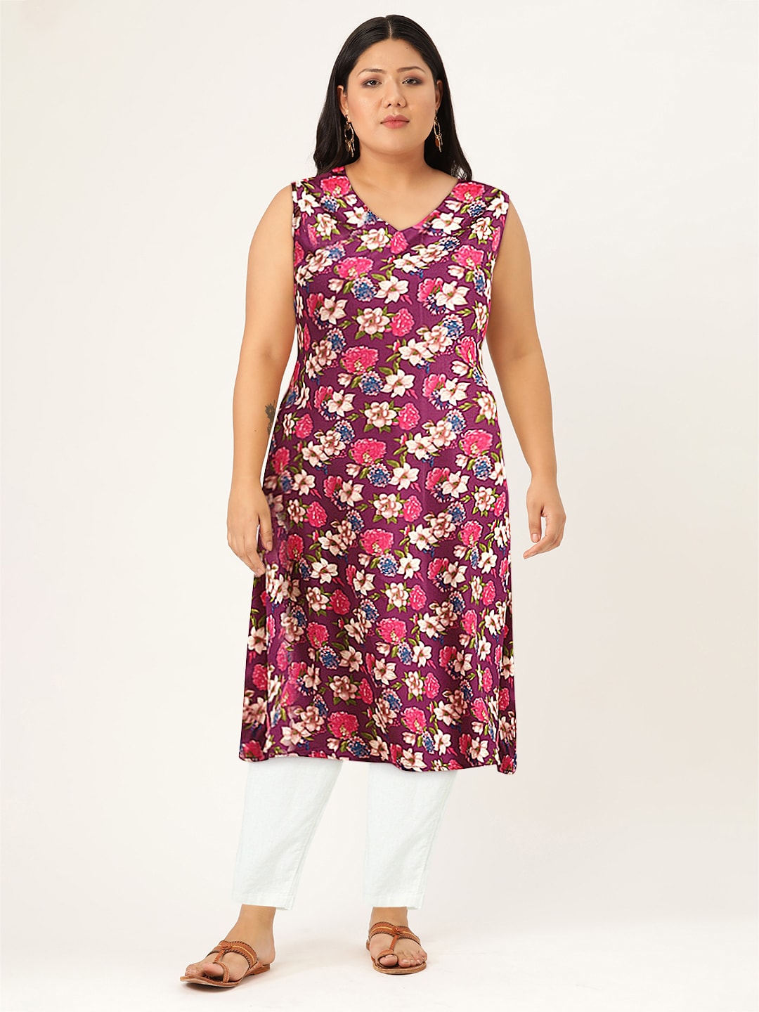 Sangria Women Floral Printed A-Line Sleeveless Kurta | Grocsy